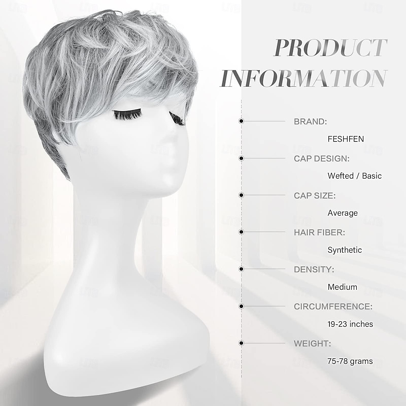 Pixie Cut Wigs Synthetic Short Ombre Gray Pixie Haircut Wig with Bangs Glueless Layered Wig Wavy Grey to Black Wigs for Women2