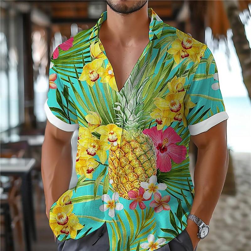 Men's Floral Pineapple Tropical Shirt Summer Hawaiian Shirt Aloha Shirt Short Sleeve Shirt Turndown Vacation Hawaiian Resort Style Outdoor Vacation Beach Yellow Royal Blue Blue S M L2