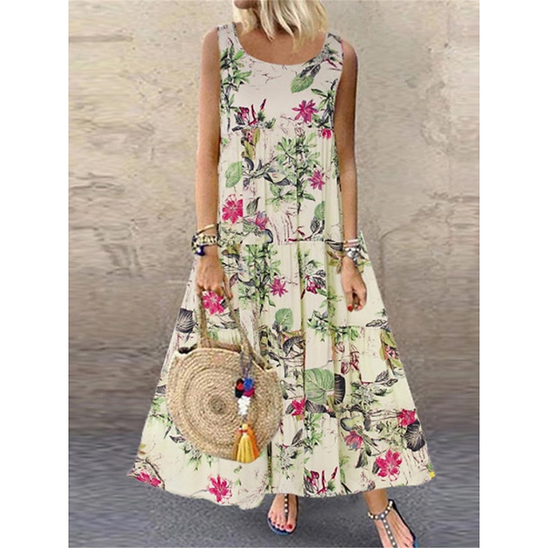 Women's Yellow Blue Purple Summer Spring Maxi Dress Cotton Linen Dresses Casual Dress Cotton Summer Dress Fashion Modern Daily Weekend Regular Fit Floral Crew Neck4
