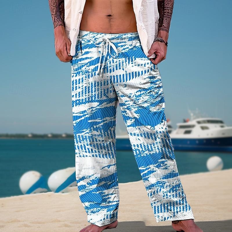 Vacation 3D Print Hawaiian Men's Side Pockets Elastic Drawstring Design Pants Trousers Straight-Leg Trousers Outdoor Hawaiian Holiday Polyester Blue Green S M L Medium Waist