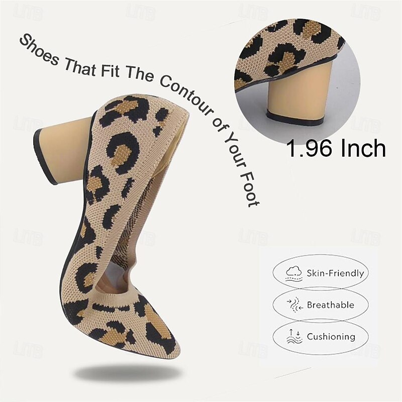 Women's Heels Plus Size Flyknit Shoes Outdoor Office Daily Leopard Chunky Heel Pointed Toe Fashion Classic Comfort Walking Knit Loafer Almond Leopard Black / Beige4