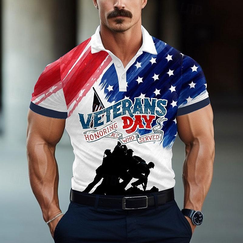 Men's Veterans Patriotic Polo Shirts Golf Shirt Short Sleeve Polo Shirts Collared Shirts Casual Streetwear Vacation Wear Party Outfits Buttons 3D Print Summer Spring White2