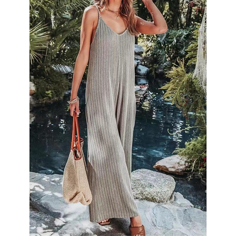 Women's Normal Jumpsuit Streetwear Solid Color Sleeveless V Neck Backless Street Daily Regular Fit Black White Wine Summer3