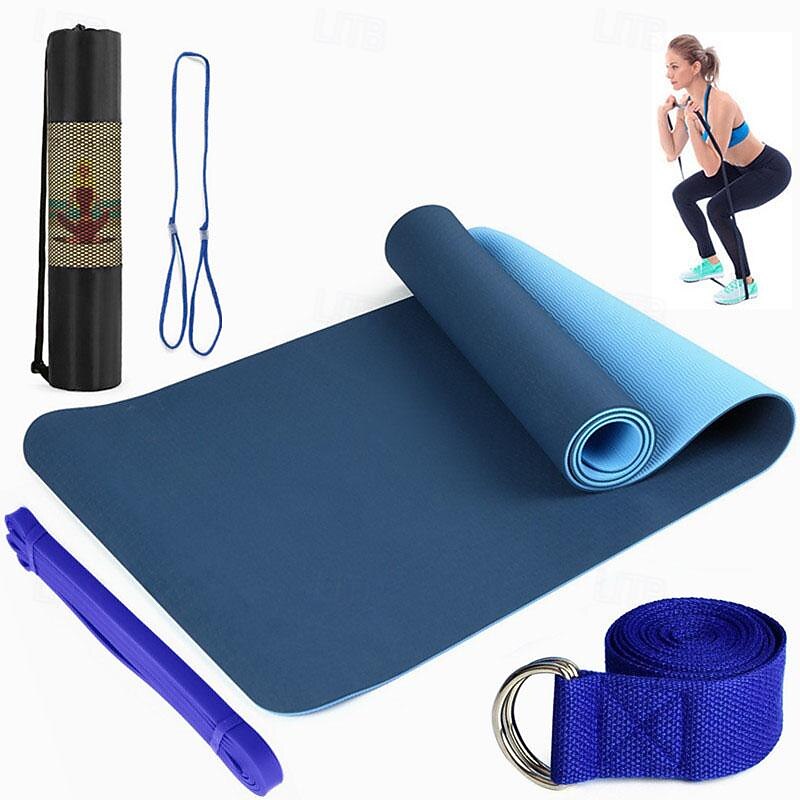 TPE6mm Two tone Yoga Mat Set of Five Pieces for Sports Fitness Stretching Latex 2080 Resistance Belt Comes with Backpack Strap3