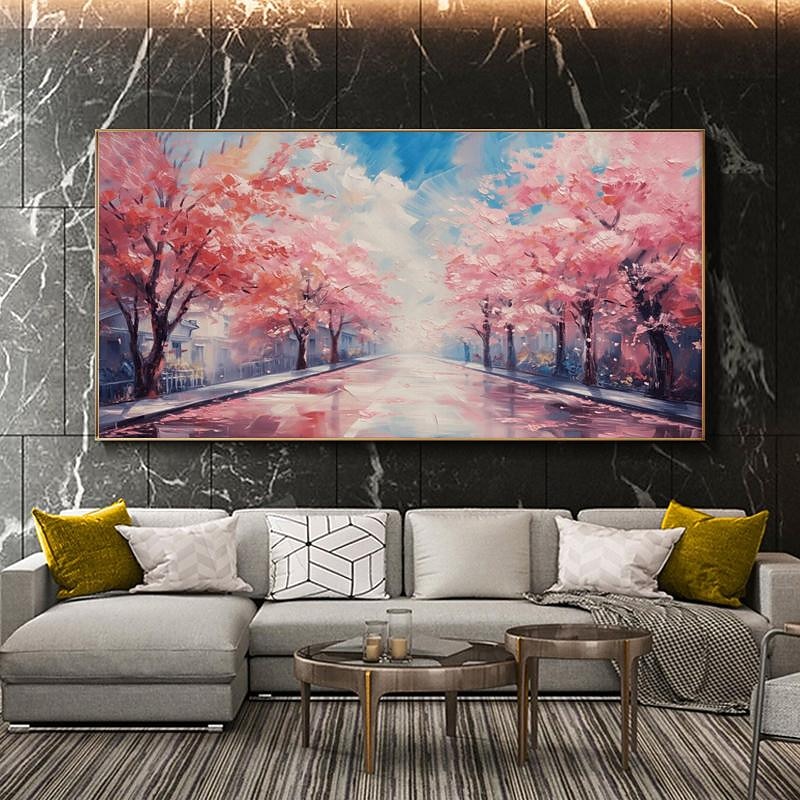 Hand Painted Pink Cherry Blossom Tree Landscape Thick Oil Painting Texture Flowers Art Bright Home Decor (No Frame)4