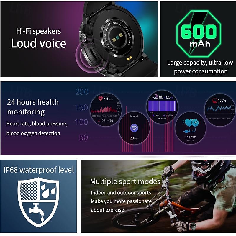 600 mAh Large Battery Watch For Men Smart Watch Men IP68 Waterproof Smartwatch AMOLED HD Screen Bluetooth Call Sports Bracelet3