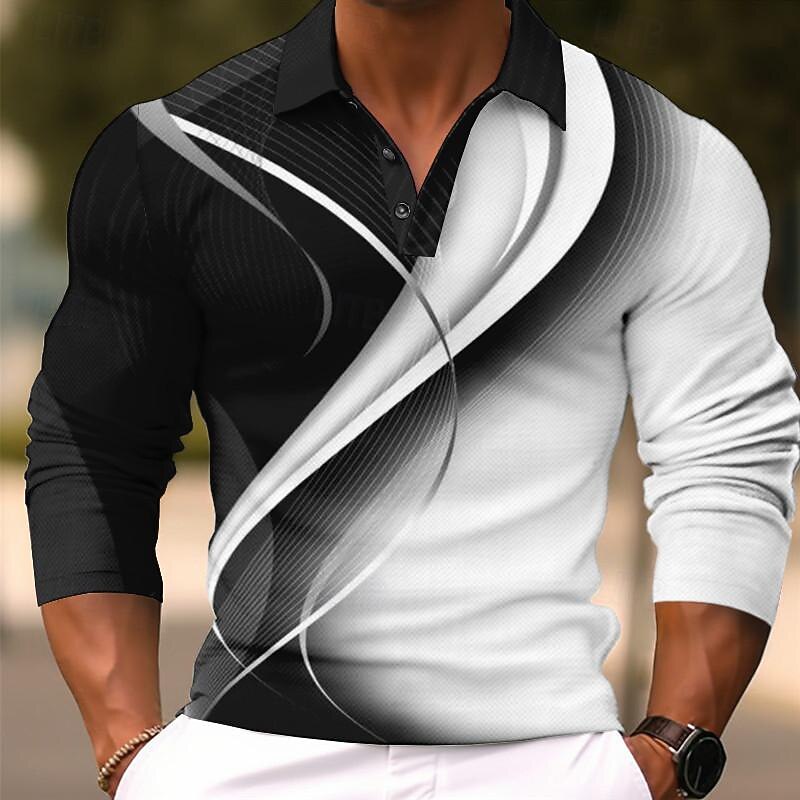Men's Geometric Polo Shirts Golf Shirt Long Sleeve Polo Shirts Collared Shirts Business Casual WorkWear Formal Wear Festival Wear 3D Print Buttons Fall & Winter Black White Ocean Blue4