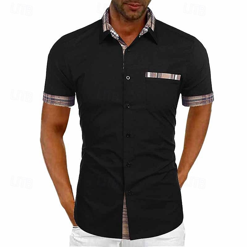 Men's Shirt Summer Shirt Casual Shirt Beach Shirt Button Up Shirt Black White Navy Blue Army Green Short Sleeve Plain Turndown Vacation Holiday Patchwork Clothing Apparel Polyester Fashion Casual3