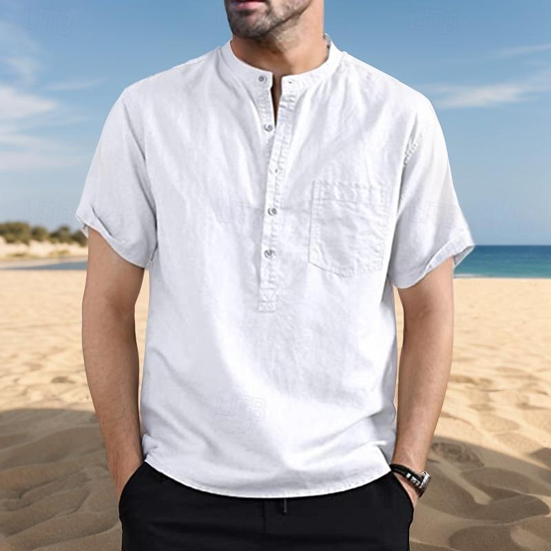 Men's Shirt Cotton Linen Shirt White Cotton Shirt Chinese Collar Shirt Mandarin Collar Shirt Casual Shirt Plain Vacation Casual Black White Pink Navy Blue Short Sleeve Band Collar Summer Clothing