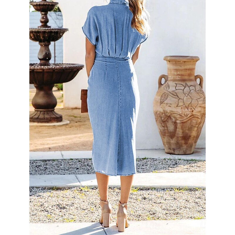 Women's Shirt Dress Midi Dress Office Date Denim Classic Shirt Collar Lace up Button Short Sleeve Summer Spring Slim Plain2