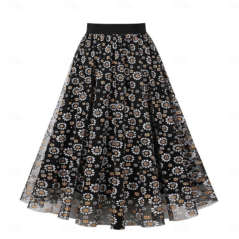 Retro Vintage 1950s Grease Outfits Rockabilly Skirt Tulle Skirt Floral Daisy Floral Fancy Dress Women's Halloween Masquerade Wedding Guest Tea Party Casual Daily Adults Skirt2