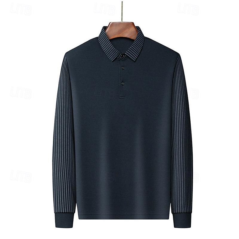 Men's Polo Shirt Golf Shirt Business Casual Lapel Long Sleeve Fashion Basic Color Block Stripes Button Color Block Spring &  Fall Regular Fit Black Navy Blue Green Khaki Grey Polo Shirt4