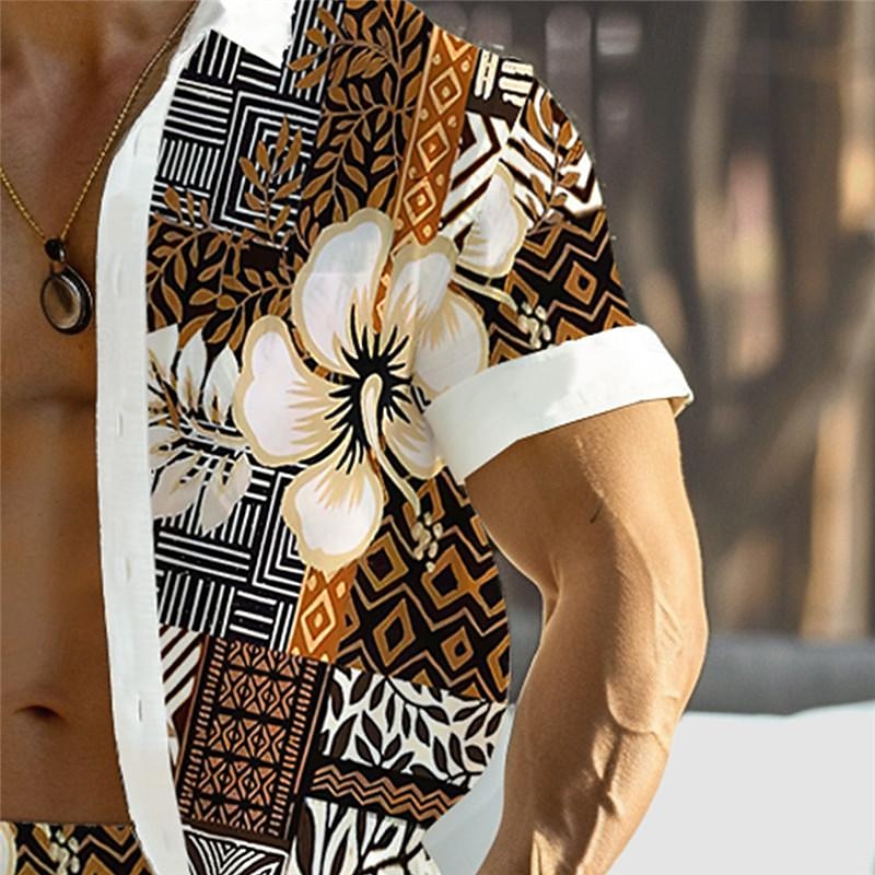 Men's Floral Geometric Pattern Ethnic 2pcs Shirts Sets Summer Hawaiian Shirt Short Sleeve Short Pants Turndown Vacation Hawaiian Outdoor Hawaiian Holiday Pocket Buttons Print Summer All Seasons3