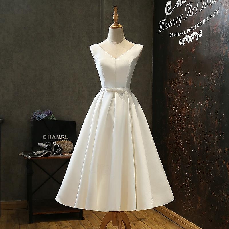 Vintage 1950s Midi Cocktail Dress Swing Dress Little White Dress Bridal Solid Colored A-Line V Neck Fancy Dress Women's Carnival Masquerade Wedding Bridal Shower Bachelorette Party Adults' Dress3