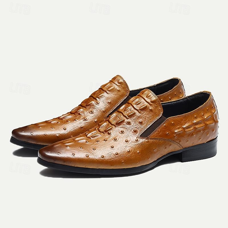 Men's Embossed Ostrich Leather Slip-On Loafers – Premium Brown Formal Dress Shoes, Lightweight and Comfortable for Business or Casual Wea2