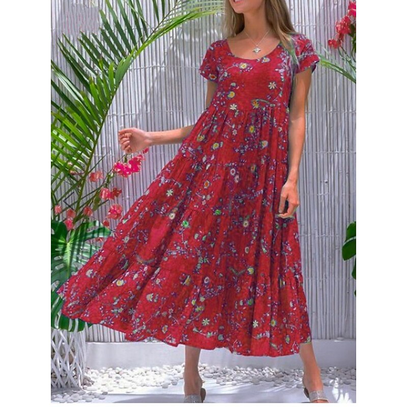 Women's Swing Dress Tiered Dress Floral Ditsy Floral Print Crew Neck Long Dress Maxi Dress Tropical Boho Home Holiday Short Sleeve Regular Fit Wine Blue Green Summer Fall S M L XL 2XL4