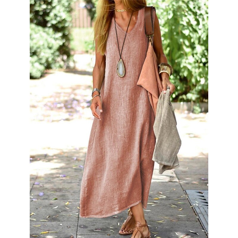Women's Pink Blue khaki Summer Spring Maxi long Dress Maxi Dress Cotton Linen Dresses Casual Dress Sundress Basic Modern Daily Weekend Loose Fit Plain V Neck 16