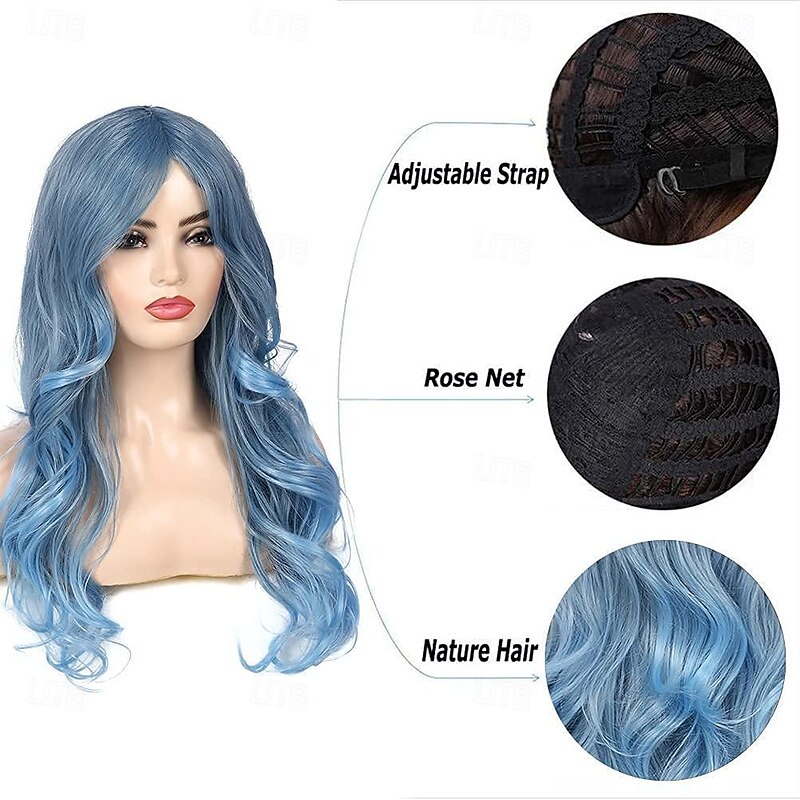 Blue Wig for Women Long Curly Wavy Pastel Blue Wig Side Part Synthetic Carnival Cosplay Wig3