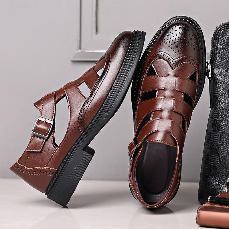 Men's Brown Leather Fisherman Sandals with Brogue Detailing, Breathable Cutout Summer Dress Shoes for Middle-Aged Professionals or Casual Beach Wear3
