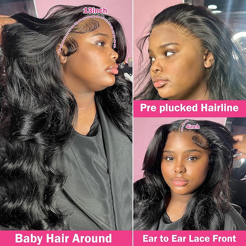 Remy Human Hair 13x4 Lace Front Wig Free Part Brazilian Hair Body Wave Black Wig 150% 180% Density with Baby Hair  Pre-Plucked For wigs for black women Long Human Hair Lace Wig3