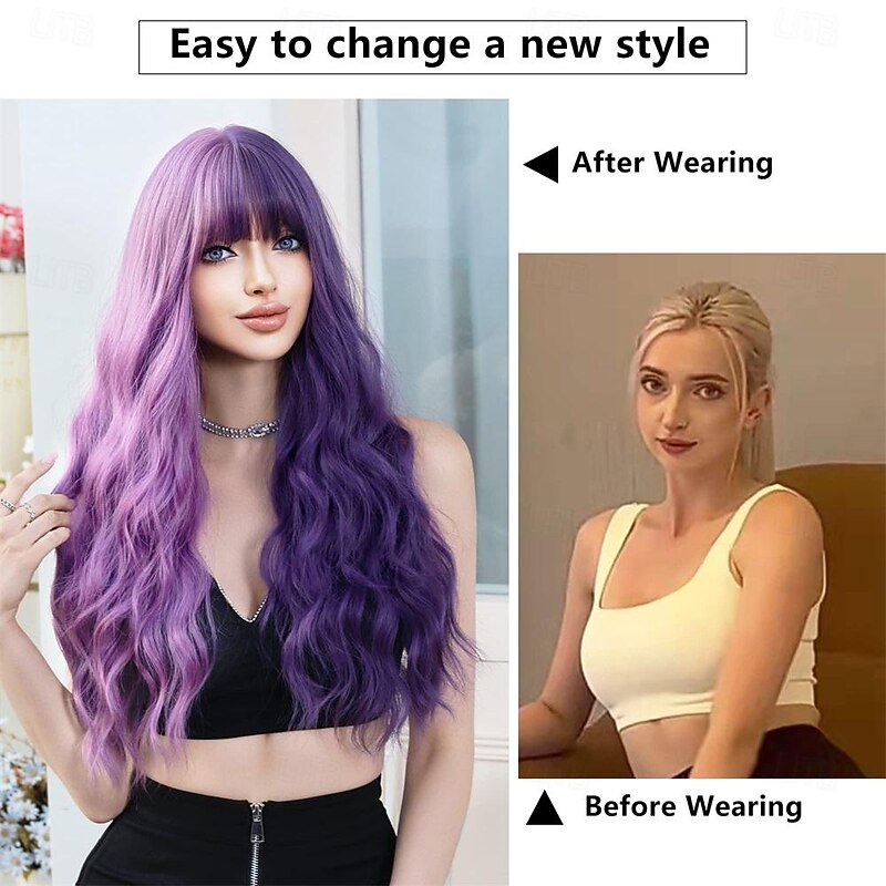 Long Purple Wavy Wigs with Bangs 26in Curly Synthetic Heart Resiatant Ombre Wigs for Women Daily Party Cosplay Used3