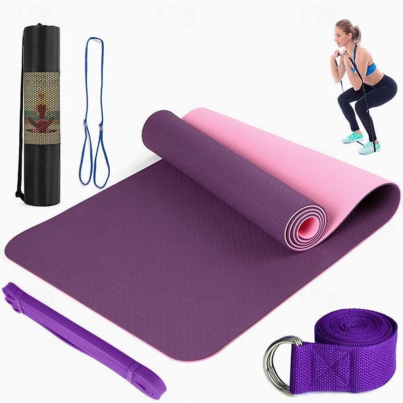 TPE6mm Two tone Yoga Mat Set of Five Pieces for Sports Fitness Stretching Latex 2080 Resistance Belt Comes with Backpack Strap2
