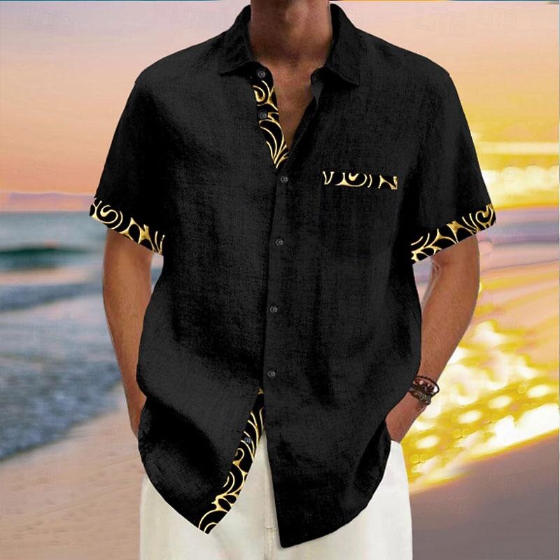 Men's Solid Color Button Up Shirt Printed Shirts Short Sleeve Hawaiian Resort Outdoor Vacation Holiday Summer Turndown Pocket Print Button-Down Black Navy Blue