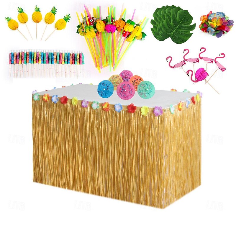 Party Hawaii Table Skirt Honeycomb Pineapple Flamingo Umbrella Fruit Straw Combination Festival Decoration