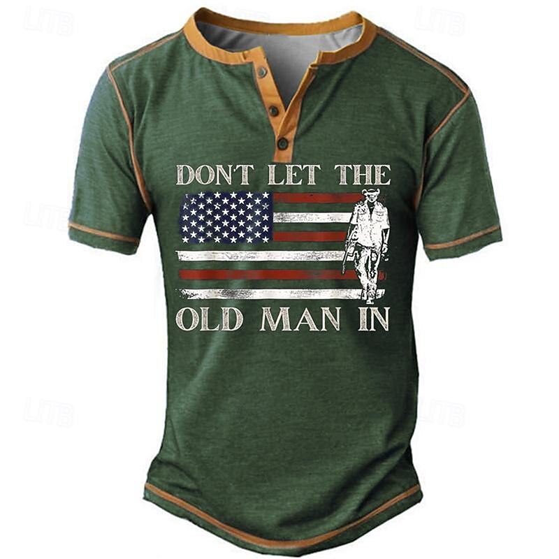 Men's Short Sleeve Henley Graphic T-Shirt - Don't Let The Old Man In American Flag Patriotic Design4