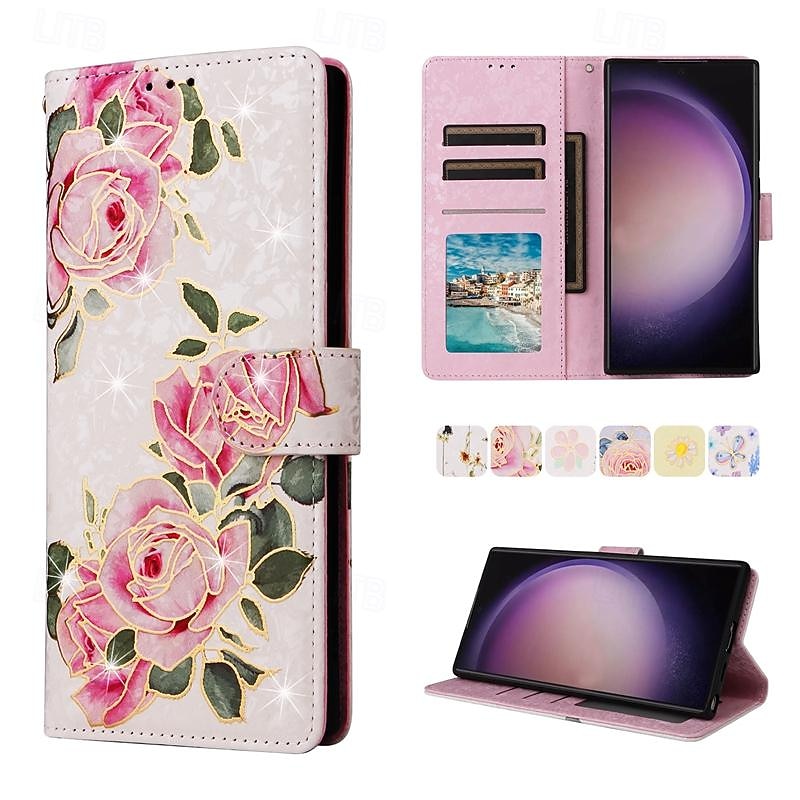 Phone Case For Samsung Galaxy S25 S24 S23 S23 FE S22 S21 Ultra Plus A14 A34 A54 A24 Wallet Case with Wrist Strap Kickstand Card Slot Flower Floral TPU PU Leather