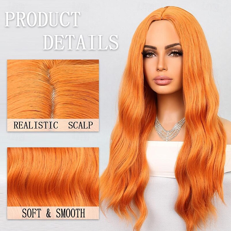 Cosplay Costume Wig Synthetic Wig Natural Wave Middle Part Wig 26 inch Orange Synthetic Hair Women's Orange2