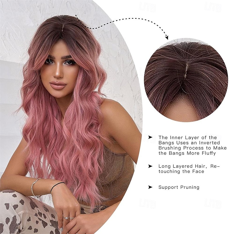 Pink Wig for Women Long Ombre Brown to Pink Wavy Curly Synthetic Wigs with Bangs Middle Part Dark Roots Layered Hair with Bangs for Girls Cosplay Party Halloween Christmas Daily 26In3
