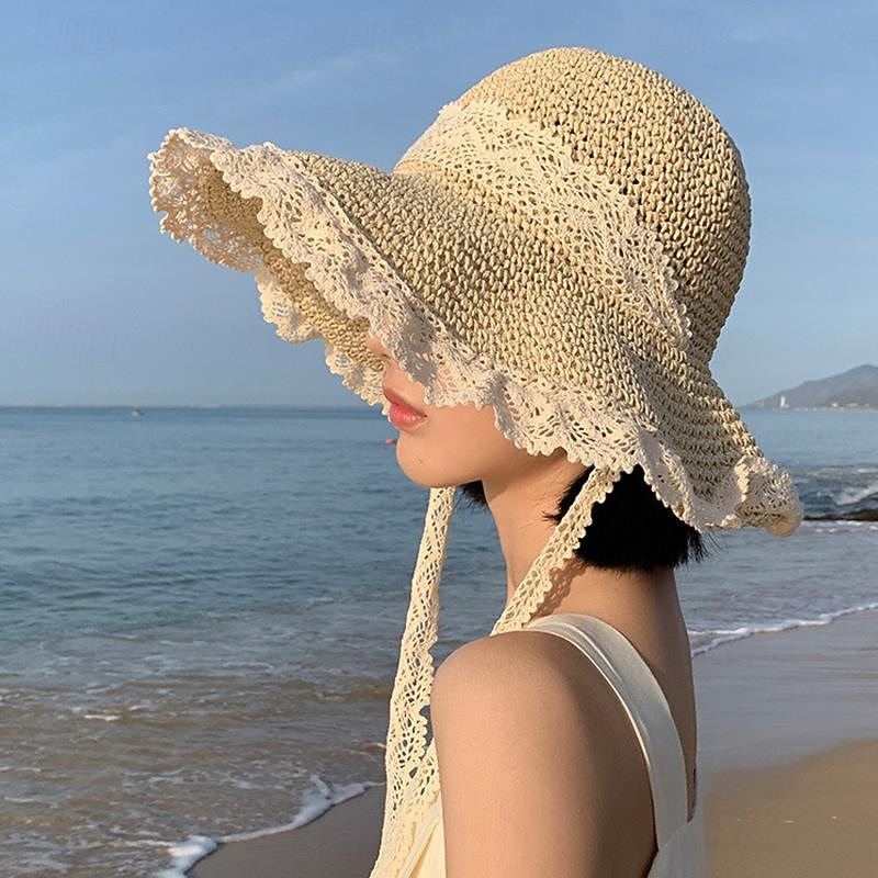 Elegant Beige/Khaki Straw Hat With Lace Lanyard Wide Brim Ruffle Sun Hats Breathable Travel Beach Hats For Women Girls Summer Outdoor Holiday - Main Image