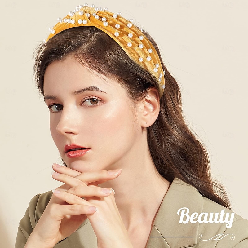 Pearl Headbands for Women, Beaded Headband Non Slip Wide Top Knot Head Bands, Black White Pink Gold Headband with Pearls Hair Accessories for Women and Girls Daily Festival Gifts3