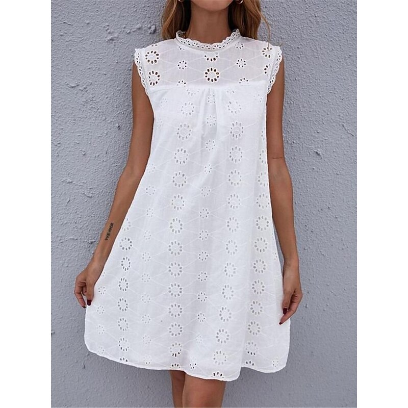 Women's White Dress Mini Dress Lace Patchwork Date Vacation Streetwear Stand Collar Sleeveless White Color