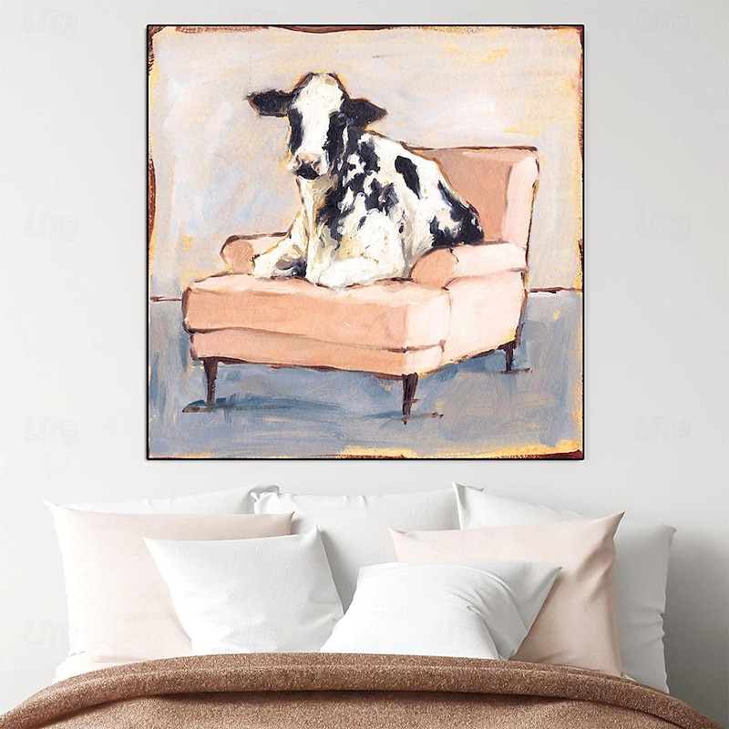 Handmade A cow sitting on a sofa painting  handmade Abstract Cow Oil Painting Unique Artwork Vibrant Animal Canvas painting Wall Art Cow painting for living room bedroom wall home decor3