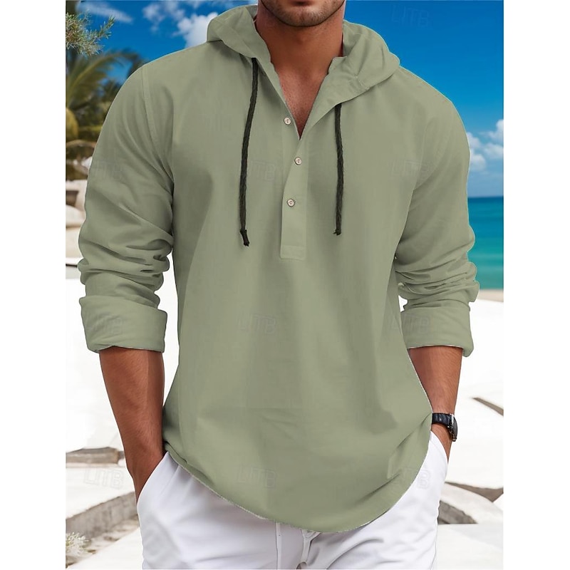 Men's Shirt Linen Shirt Calico Shirt Summer Shirt Beach Wear Plain Vacation Curise White Blue Brown Green Long Sleeve Hooded Spring & Summer Clothing Apparel3