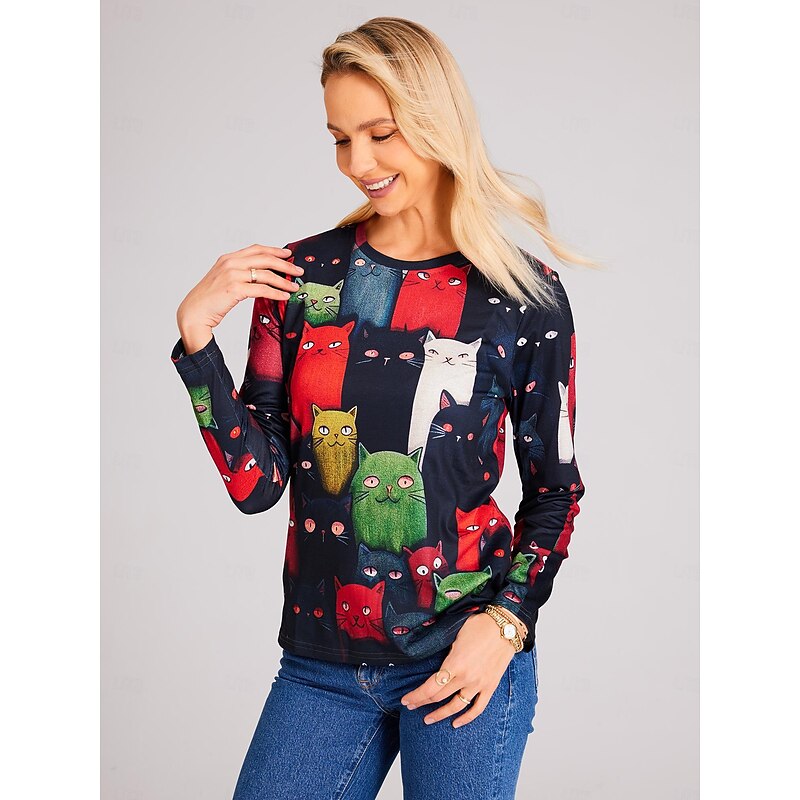 Women's T shirt Long Sleeve Crew Neck Long Sleeve Tunic Cat Print Regular Tops Round Neck Daily Weekend Black Yellow Orange Spring & Fall Prefall4