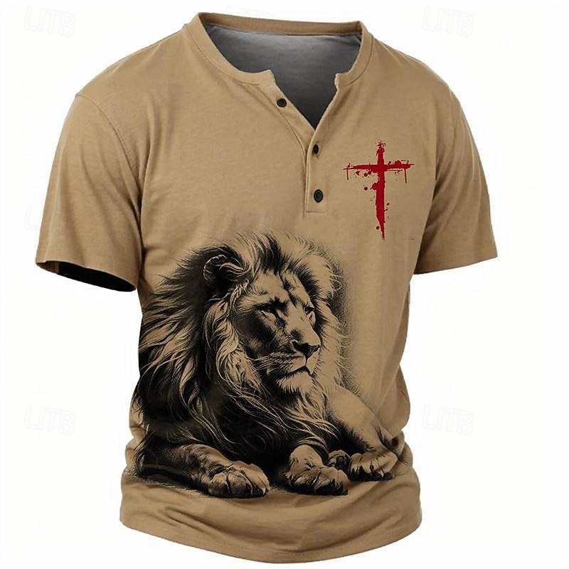 Men's Graphic Lion Cross T shirt Henley Shirt Short Sleeve 3D Print Retro Vintage Casual Sports Outdoor Holiday Going out Spring & Summer Blue Sky Blue Khaki Gray Henley Henley T-Shirt - Main Image