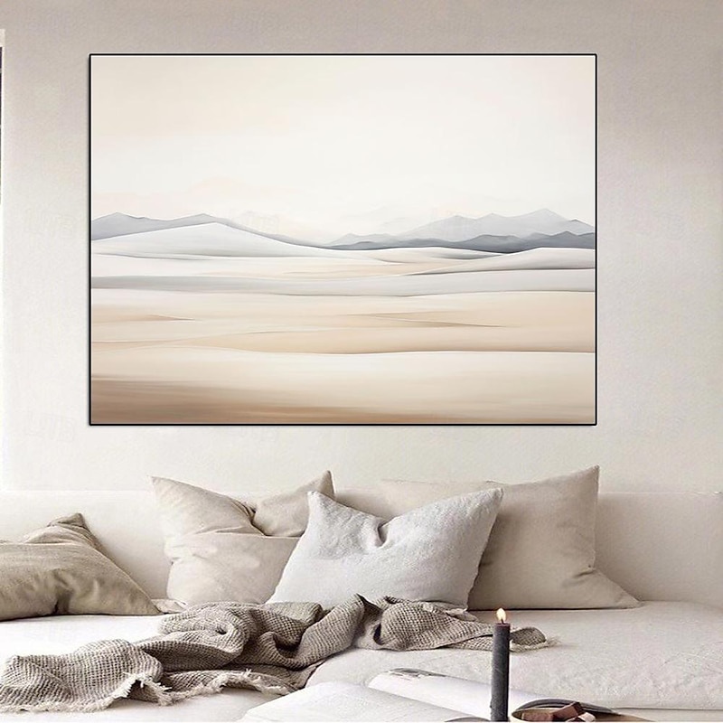 Handmade Earthy Abstract sky painting Wall Art Large Canvas mountain Painting Neutral White Beige BlackBlue /Gray landscape oil painting Modern Minimalist artwork Horizontal Home Decor