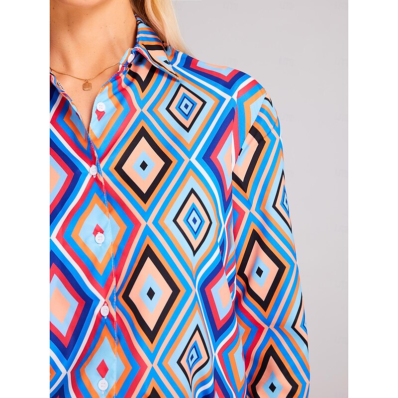 Women's Shirt Long Sleeve Button Down Blouse Basic Neon & Bright Geometric Buttons Print Regular Tops Shirt Collar Casual Blue Brown Green Spring Fall4