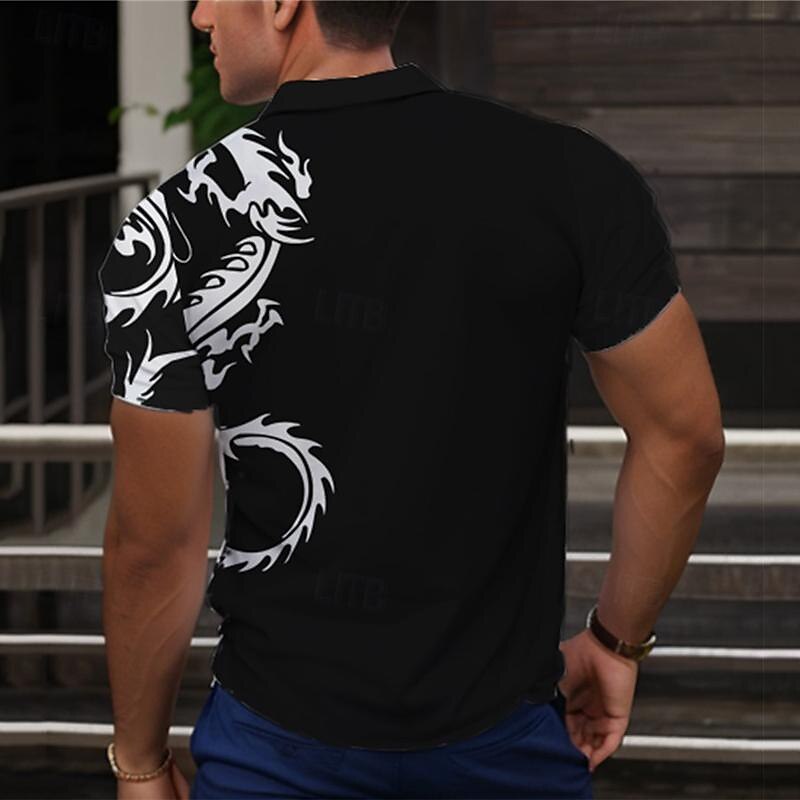 Men's Dragon Polo Shirts Golf Shirt Short Sleeve Polo Shirts Collared Shirts Casual Funny Streetwear Vacation Wear Party Outfits Buttons 3D Print Summer Black2