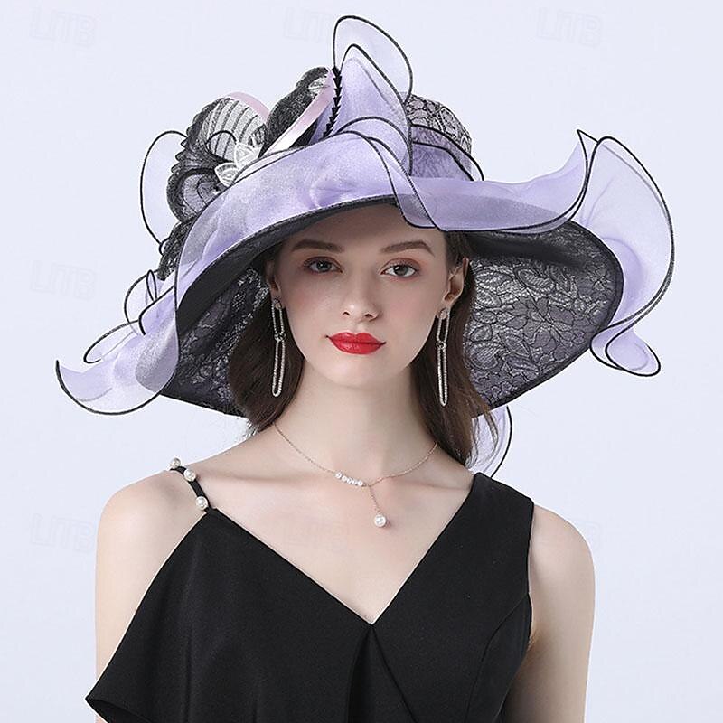 Fascinators Hats Headwear Organza Floppy Hat Straw Hat Sun Hat Holiday Tea Party Beach Horse Race Cocktail Elegant Vintage With Feather Lace Headpiece Headwear4