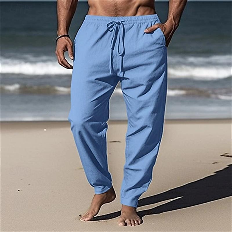 Men's Linen Pants Trousers Summer Pants Beach Pants Pocket Drawstring Elastic Waist Plain Comfort Breathable Daily Holiday Vacation Hawaiian Boho White Green