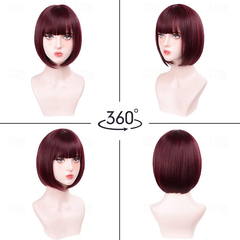 Bob Wigs with Bangs Burgundy Wig for Women Wine Red Wig Short Straight Wig Heat Resistant Fiber Synthetic Wig Halloween Cosplay 99J Colorful Wigs Party Wig2