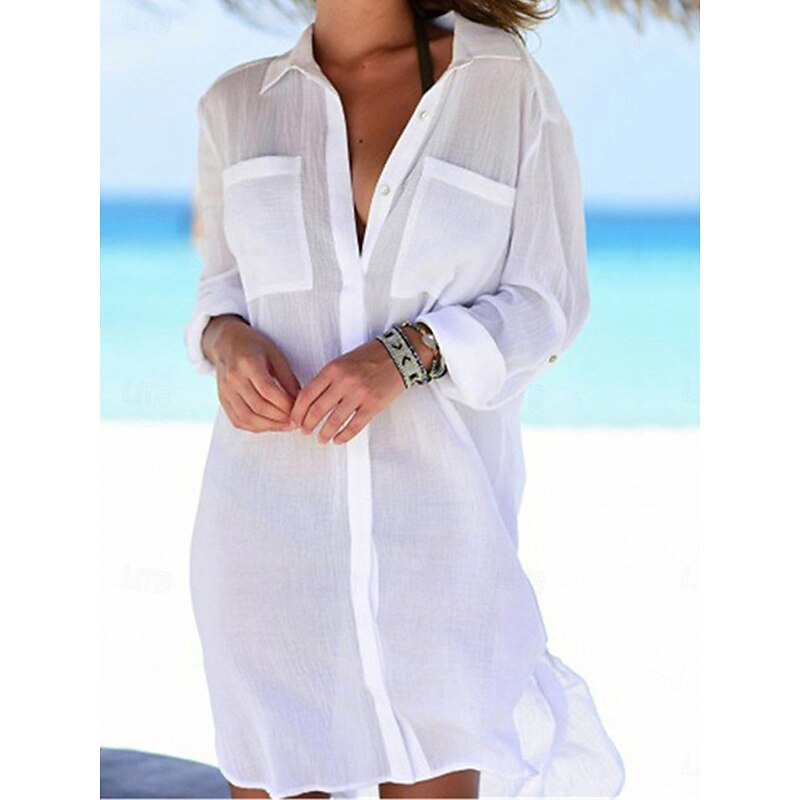Women's White Dress Mini Dress Button Vacation Beach Basic Shirt Collar Long Sleeve Black White Navy Blue Color2