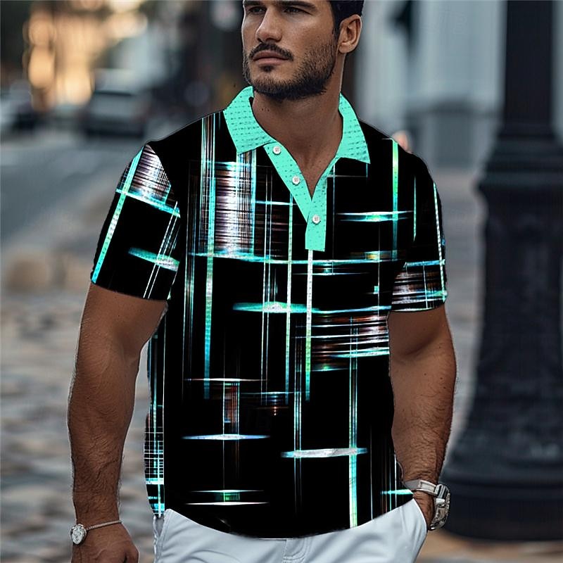 Men's Geometric Golf Shirt Short Sleeve Polo Shirts Collared Shirts Casual Beach Wear Vacation Wear Party Outfits Buttons 3D Print Summer Yellow Blue