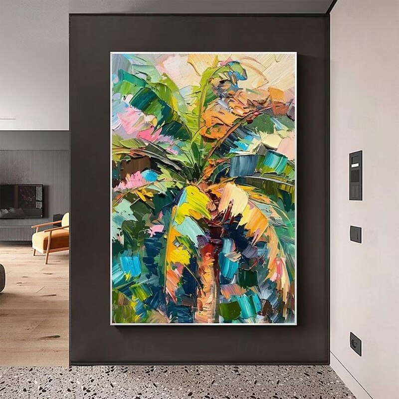 Handmade Oil Painting Canvas Wall Art Decoration Abstract Thick Oil Knife Painting Colorful Large Banana Leaf Plant for Home Decor Rolled Frameless Unstretched Painting2
