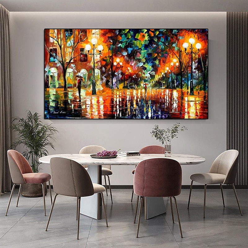 Oil Painting hand painted 3d oil painting Hand painted Palette Knife Street Light Blue Lights Painting Home Decor Canvas Wall Art Painting lovers painting