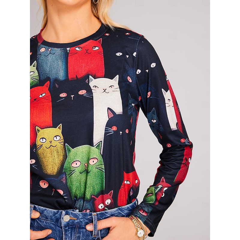Women's T shirt Long Sleeve Crew Neck Long Sleeve Tunic Cat Print Regular Tops Round Neck Daily Weekend Black Yellow Orange Spring & Fall Prefall3